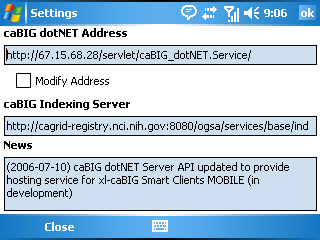 Screenshot of xl-caBIG Smart Client Mobile Connecting to caBIG dotNET Service