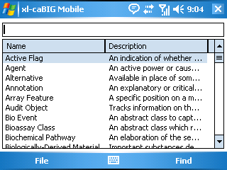 Screenshot of xl-caBIG Smart Client Mobile listing caBIG concepts