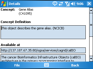 Screenshot of xl-caBIG Smart Client Mobile listing on which data-service caBIG concept can be found