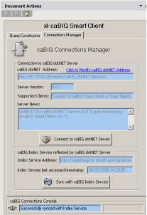 Screenshot of xl-caBIG Smart Client v0.1 connecting to caBIG dotNET Server